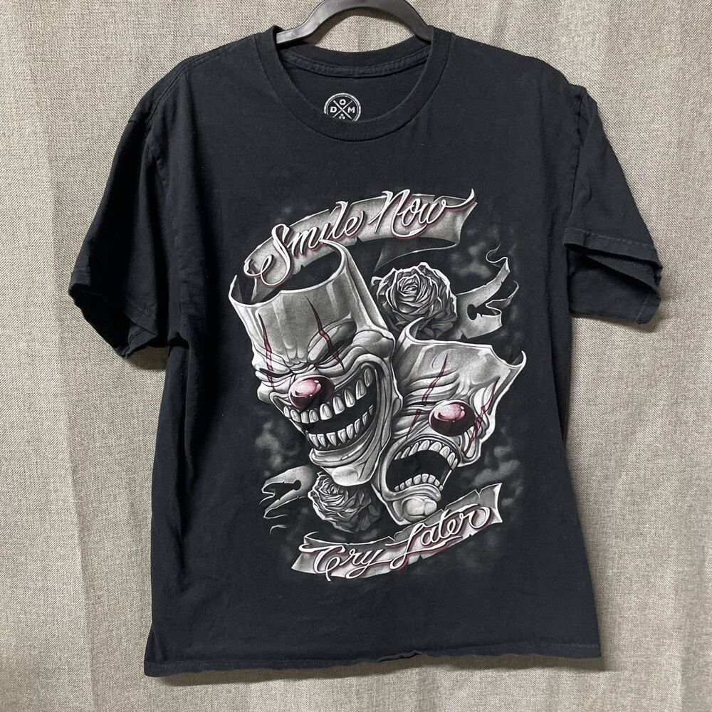 SMILE NOW CRY LATER Shirt Adult L Black Drama Mask Lowrider DOM Tee Mens